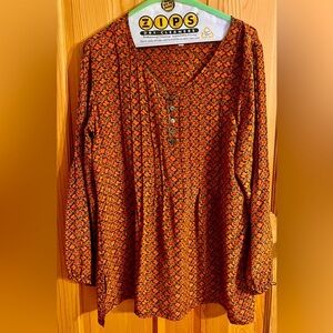 Travel Smith Womens Orange Patterned 100% Silk Top Size M Mother of Pearl Button